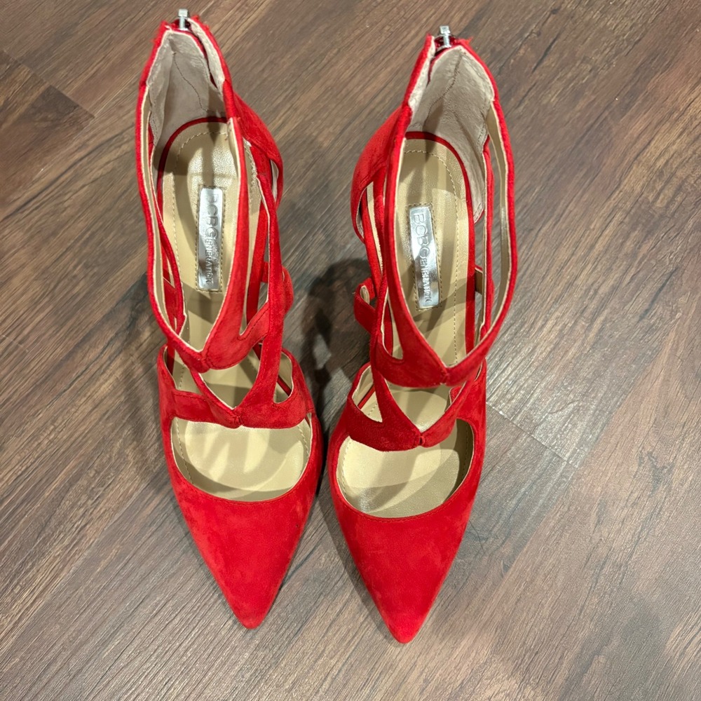 BCBGeneration Red Faux Suede Strappy Cage Pointed Toe Stiletto Heels Back Zip 7